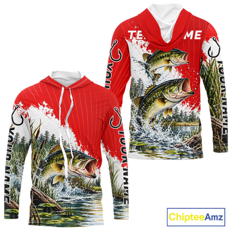Custom Largemouth Bass Fishing Performance Long Sleeve Hooded Fishing Shirt, Bass Fishing Jerseys