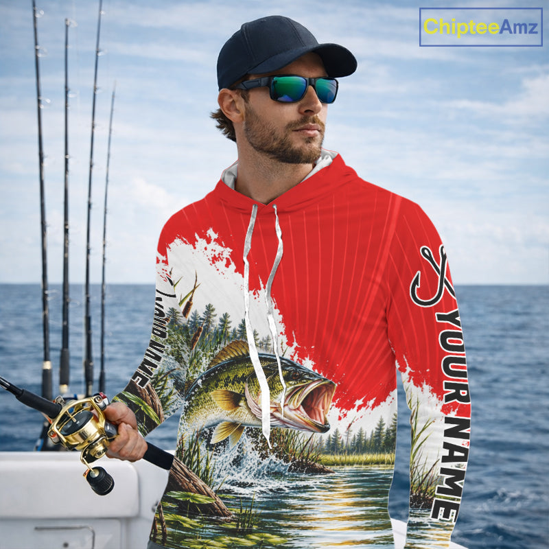 Custom Largemouth Bass Fishing Performance Long Sleeve Hooded Fishing Shirt, Bass Fishing Jerseys