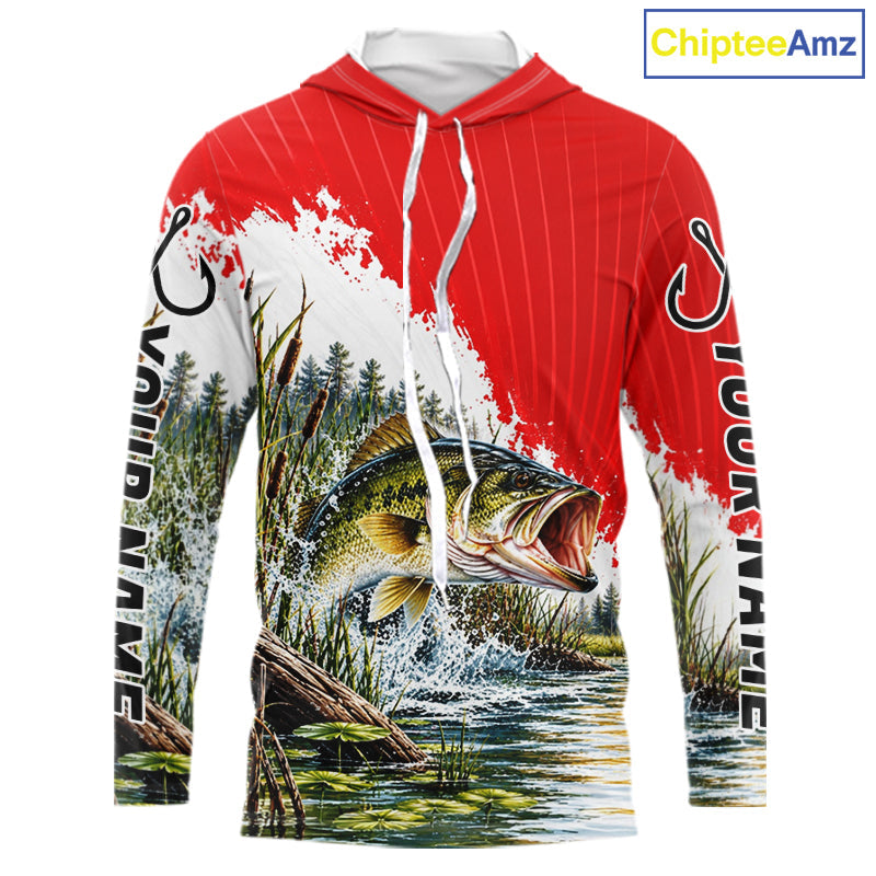 Custom Largemouth Bass Fishing Performance Long Sleeve Hooded Fishing Shirt, Bass Fishing Jerseys