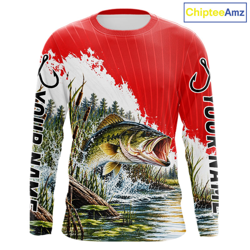 Custom Largemouth Bass Fishing Performance Long Sleeve Fishing Shirt, Bass Fishing Jerseys