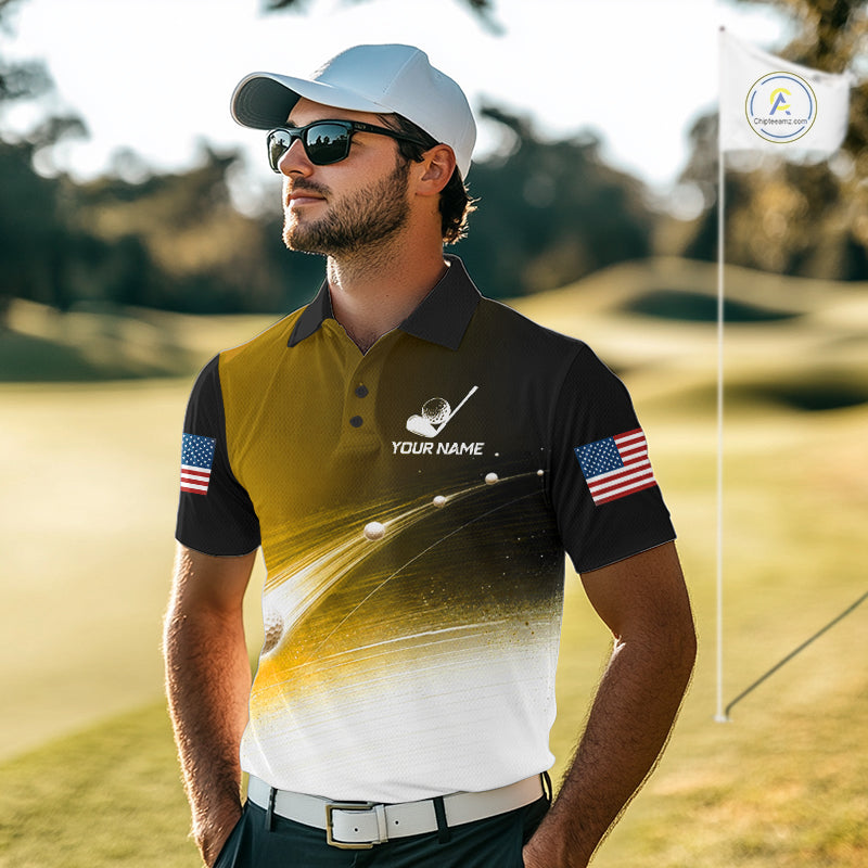 Black Gold Golf Ball Pattern American Flag Golf Polo Shirts, Tournament Golf Shirts Golf Gifts