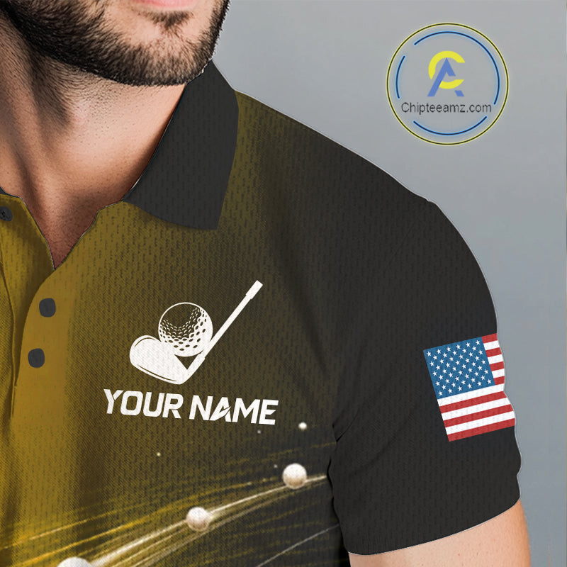Black Gold Golf Ball Pattern American Flag Golf Polo Shirts, Tournament Golf Shirts Golf Gifts