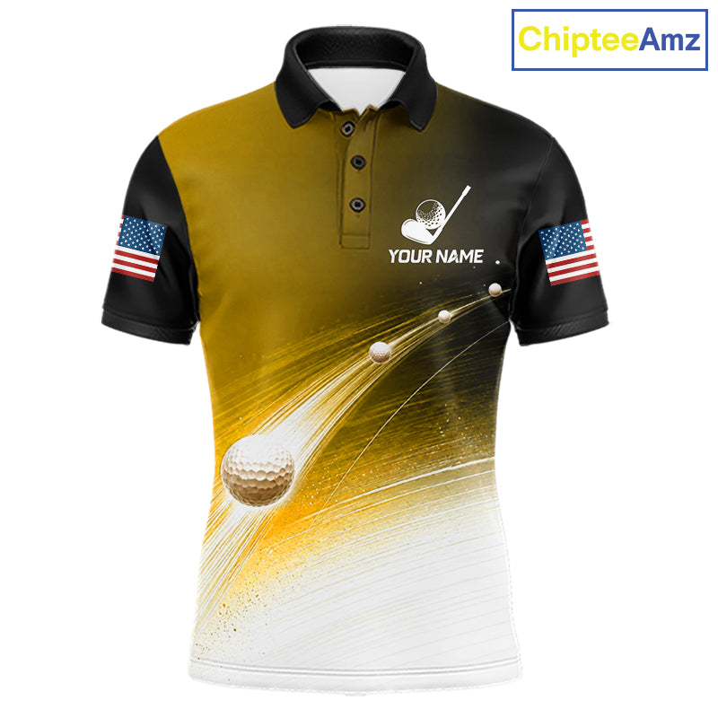 Black Gold Golf Ball Pattern American Flag Golf Polo Shirts, Tournament Golf Shirts Golf Gifts