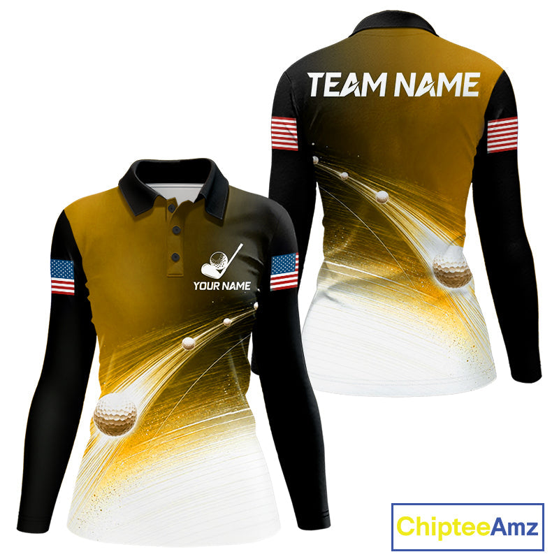 Black Gold Golf Ball Pattern American Flag Golf Polo Shirts, Tournament Golf Shirts Golf Gifts