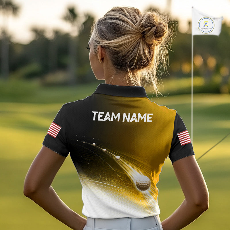 Black Gold Golf Ball Pattern American Flag Golf Polo Shirts, Tournament Golf Shirts Golf Gifts