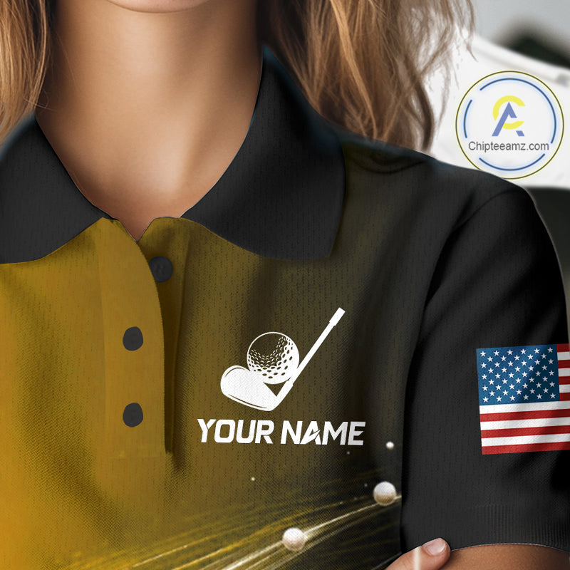 Black Gold Golf Ball Pattern American Flag Golf Polo Shirts, Tournament Golf Shirts Golf Gifts