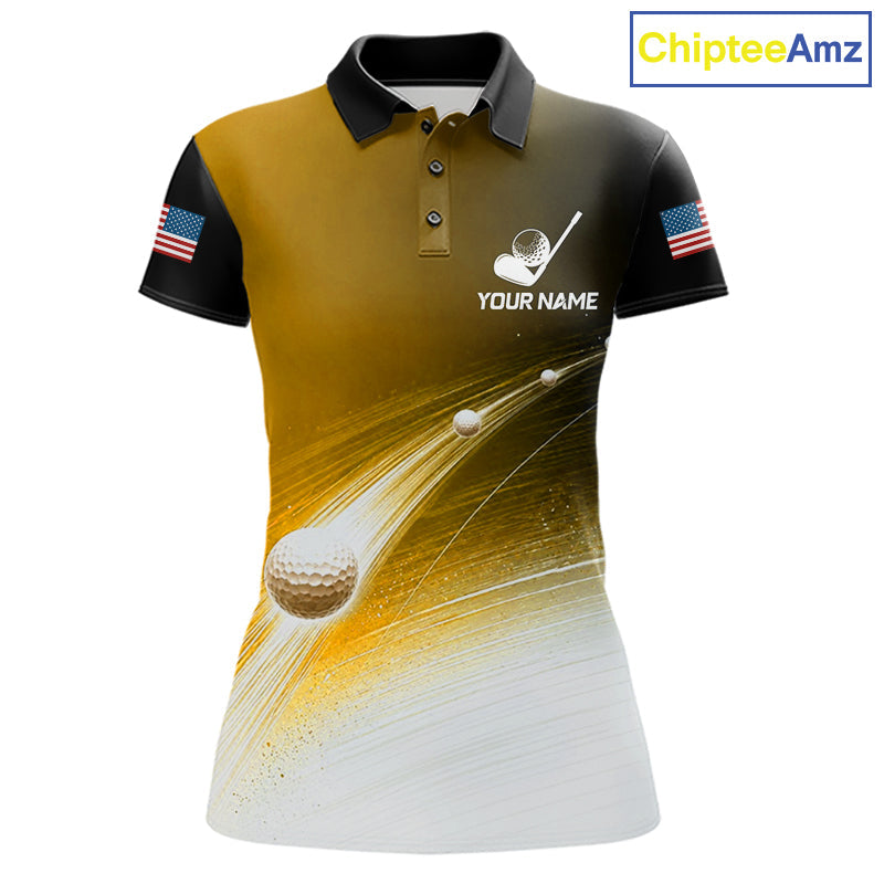 Black Gold Golf Ball Pattern American Flag Golf Polo Shirts, Tournament Golf Shirts Golf Gifts