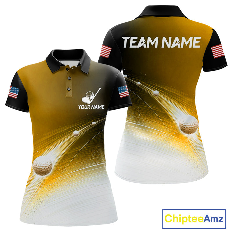 Black Gold Golf Ball Pattern American Flag Golf Polo Shirts, Tournament Golf Shirts Golf Gifts