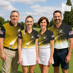 Black Gold Golf Ball Pattern American Flag Golf Polo Shirts, Tournament Golf Shirts Golf Gifts