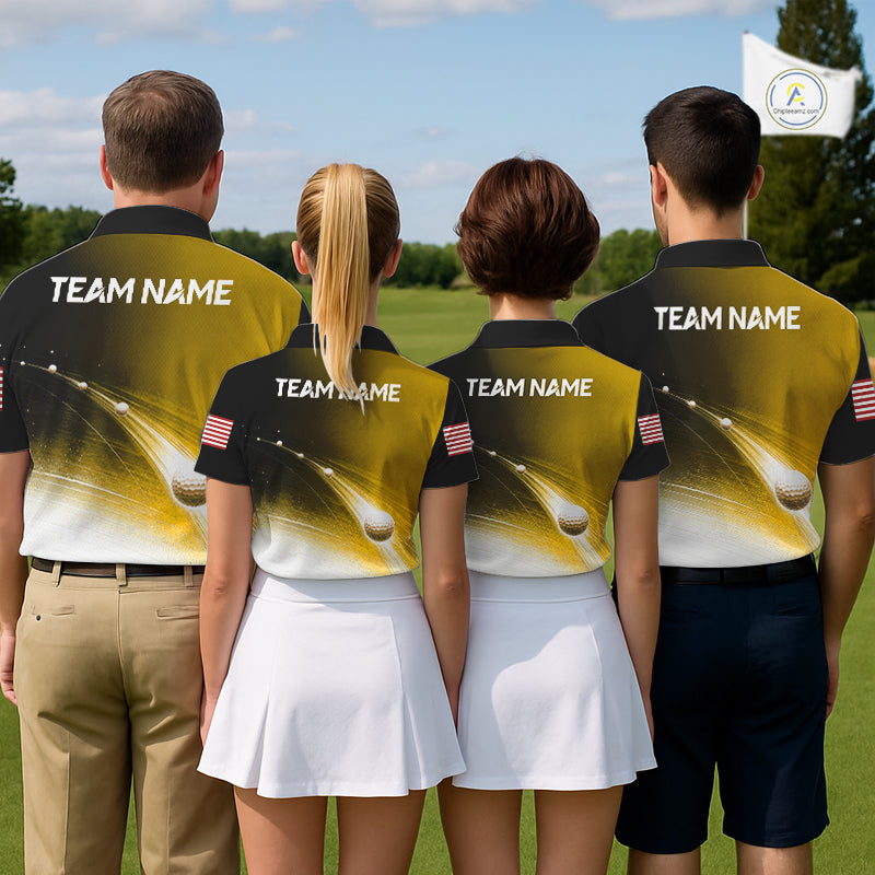 Black Gold Golf Ball Pattern American Flag Golf Polo Shirts, Tournament Golf Shirts Golf Gifts