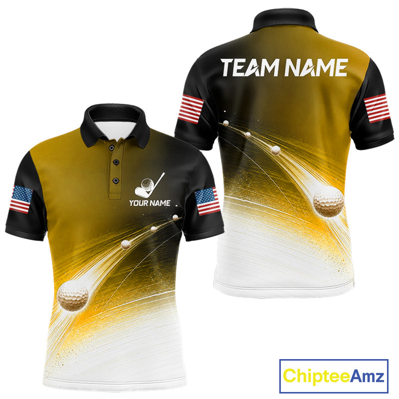 Black Gold Golf Ball Pattern American Flag Golf Polo Shirts, Tournament Golf Shirts Golf Gifts