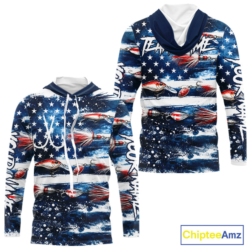 Fishing Lure American Flag Custom Long Sleeve Hooded Performance Fishing Shirts, Team Fishing Jerseys
