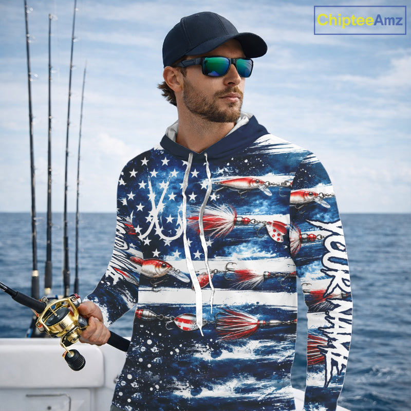 Fishing Lure American Flag Custom Long Sleeve Hooded Performance Fishing Shirts, Team Fishing Jerseys