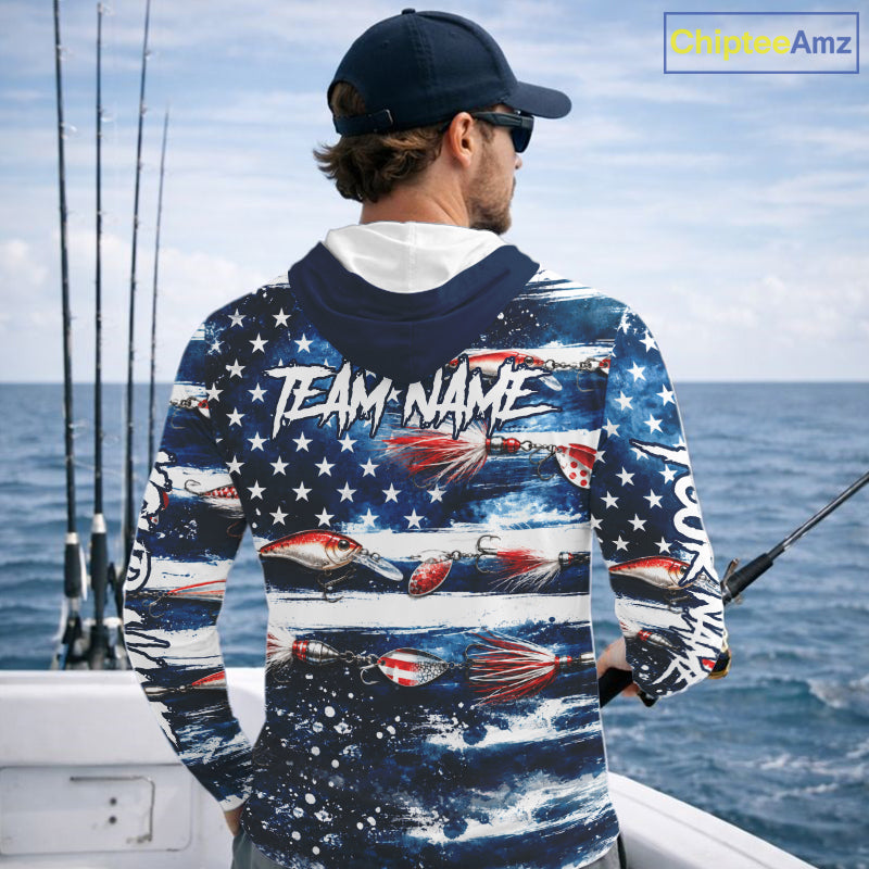 Fishing Lure American Flag Custom Long Sleeve Hooded Performance Fishing Shirts, Team Fishing Jerseys