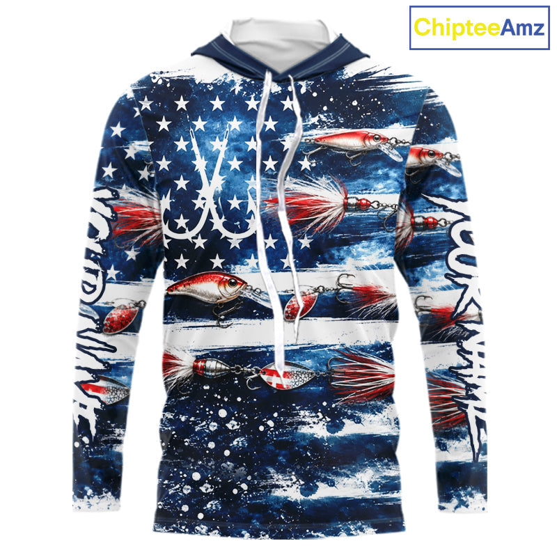 Fishing Lure American Flag Custom Long Sleeve Hooded Performance Fishing Shirts, Team Fishing Jerseys