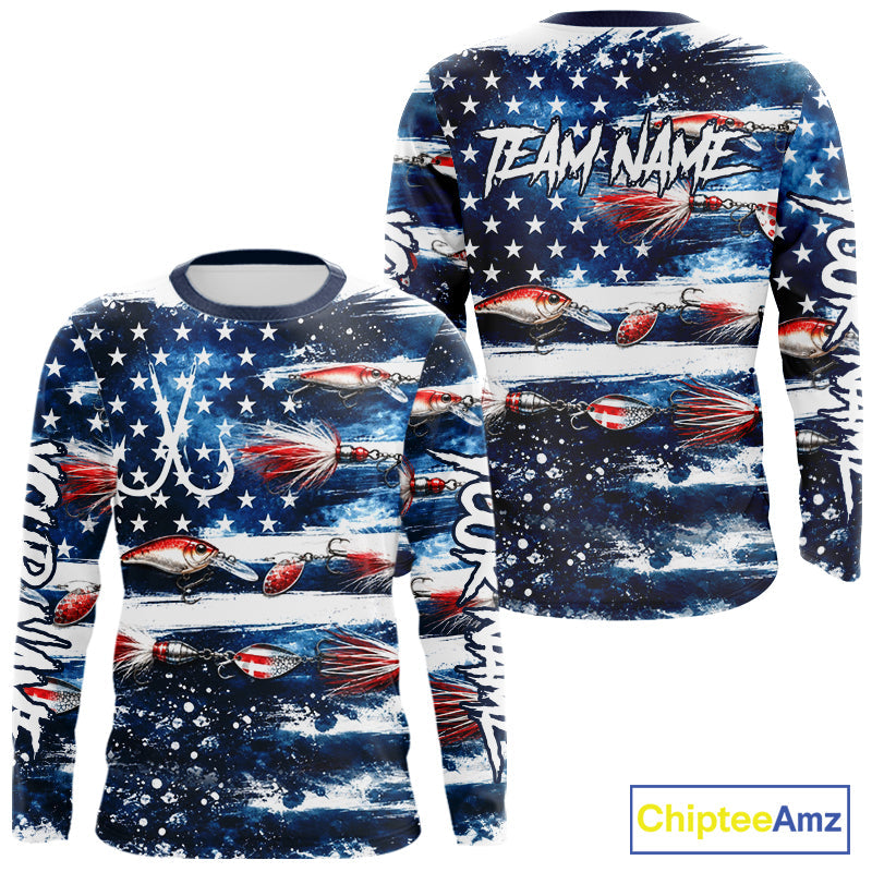 Fishing Lure American Flag Custom Long Sleeve Performance Fishing Shirts, Team Fishing Jerseys