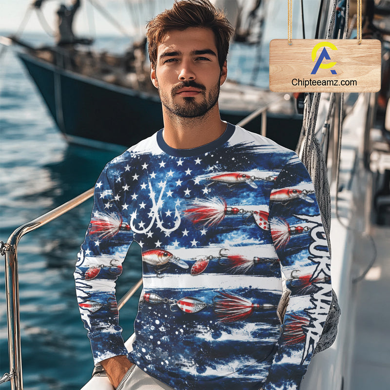 Fishing Lure American Flag Custom Long Sleeve Performance Fishing Shirts, Team Fishing Jerseys