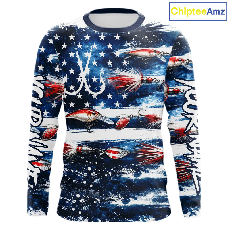 Fishing Lure American Flag Custom Long Sleeve Performance Fishing Shirts, Team Fishing Jerseys