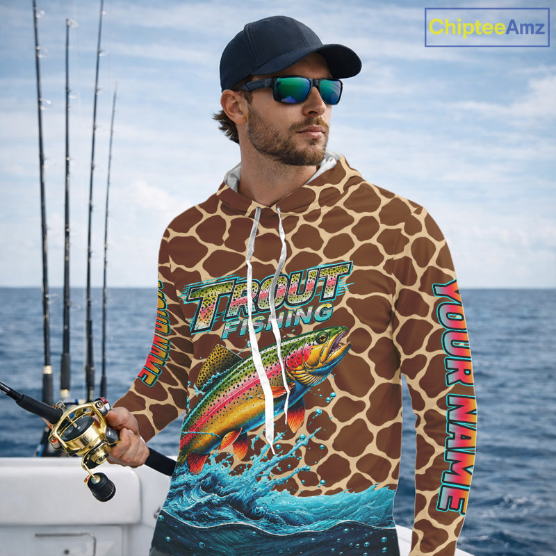 Rainbow Trout Fishing Custom Name Brown Camo Long Sleeve Hooded Fishing Shirts, Trout Team Fishing Jerseys