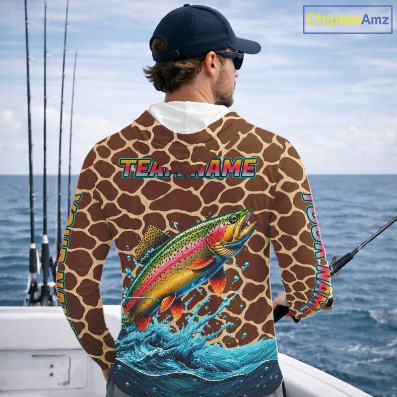 Rainbow Trout Fishing Custom Name Brown Camo Long Sleeve Hooded Fishing Shirts, Trout Team Fishing Jerseys