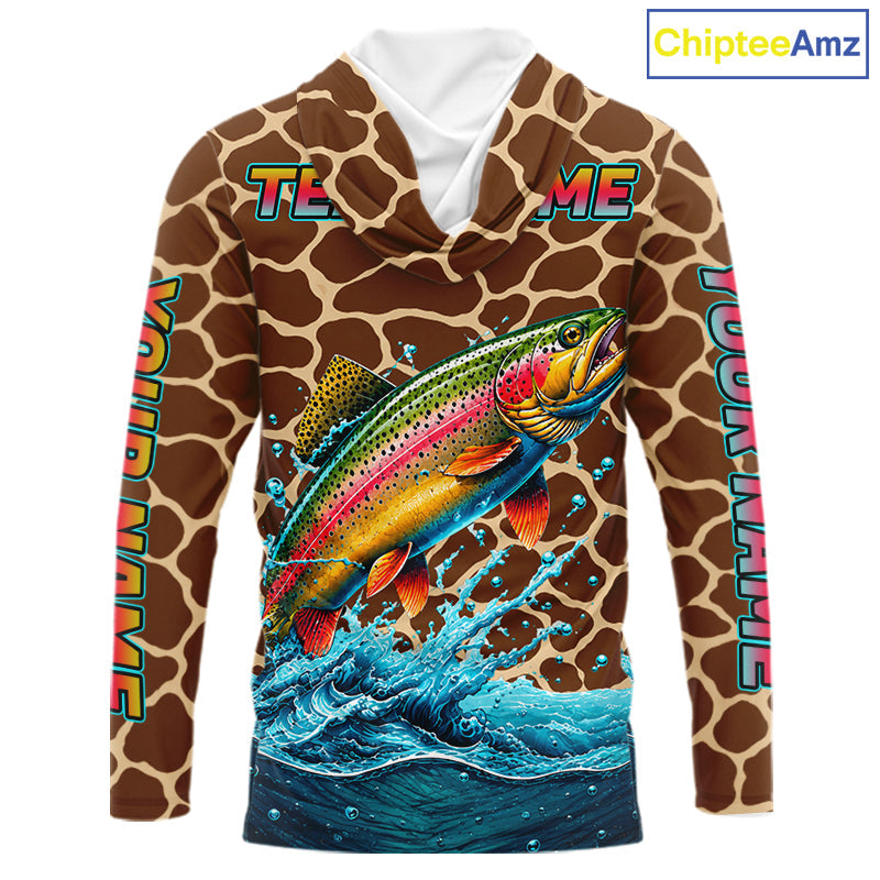 Rainbow Trout Fishing Custom Name Brown Camo Long Sleeve Hooded Fishing Shirts, Trout Team Fishing Jerseys