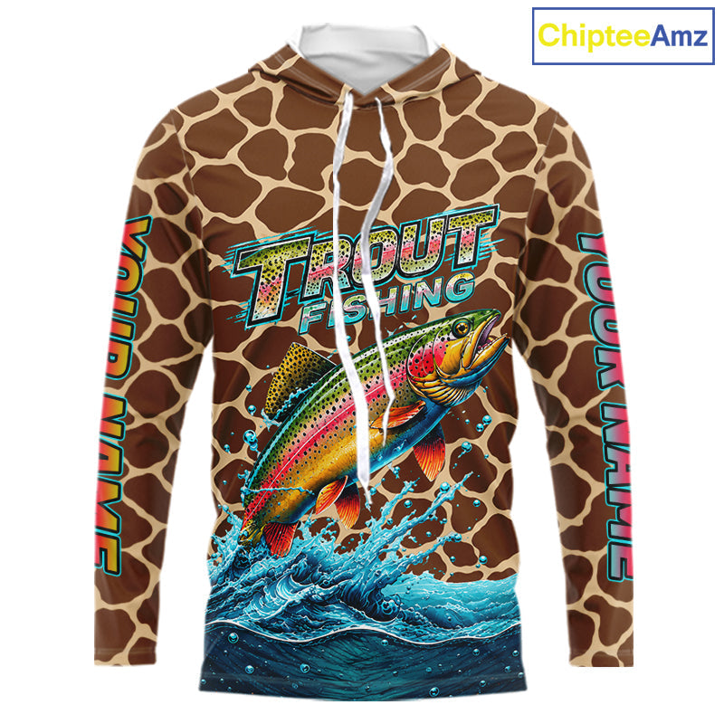 Rainbow Trout Fishing Custom Name Brown Camo Long Sleeve Hooded Fishing Shirts, Trout Team Fishing Jerseys