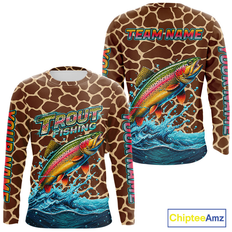Rainbow Trout Fishing Custom Name Brown Camo Long Sleeve Fishing Shirts, Trout Team Fishing Jerseys