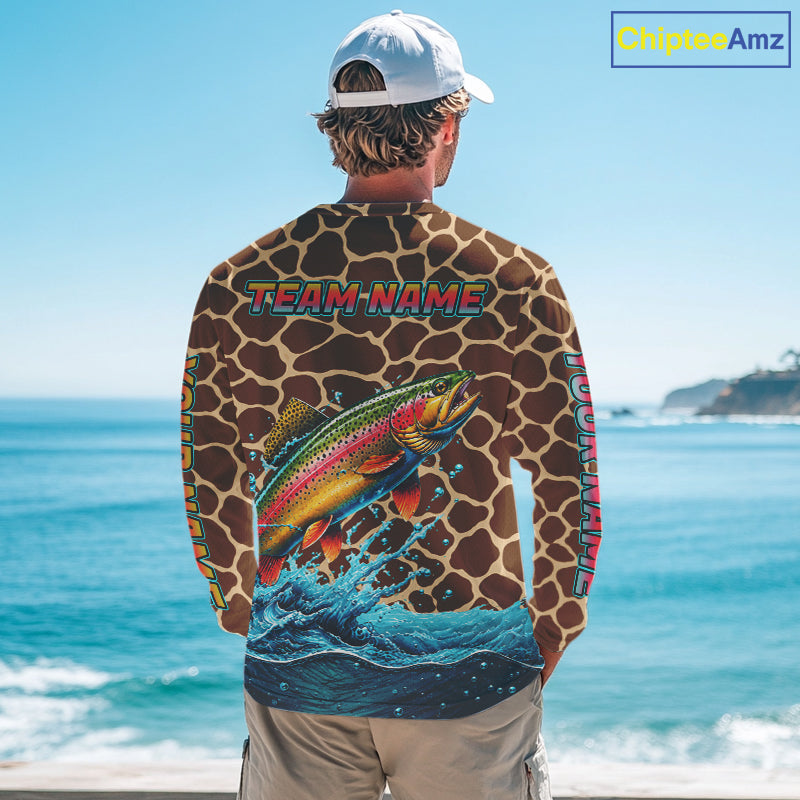 Rainbow Trout Fishing Custom Name Brown Camo Long Sleeve Fishing Shirts, Trout Team Fishing Jerseys