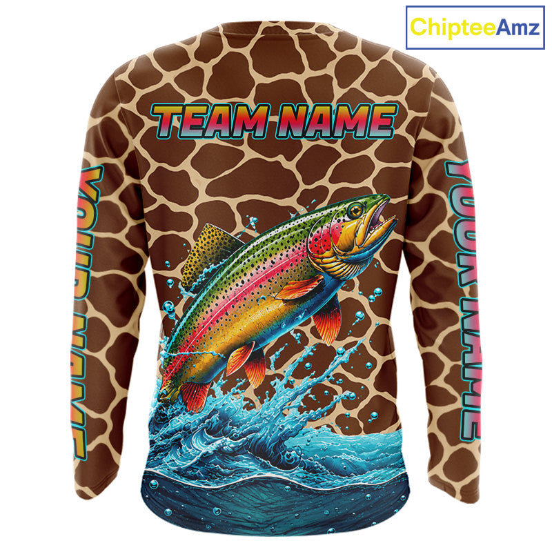 Rainbow Trout Fishing Custom Name Brown Camo Long Sleeve Fishing Shirts, Trout Team Fishing Jerseys