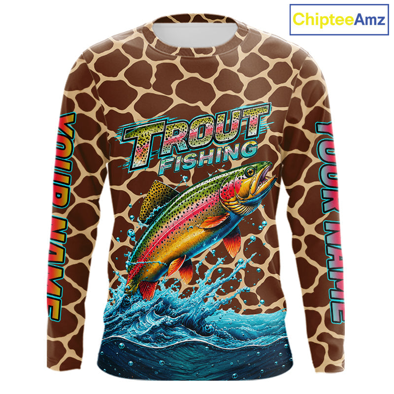 Rainbow Trout Fishing Custom Name Brown Camo Long Sleeve Fishing Shirts, Trout Team Fishing Jerseys