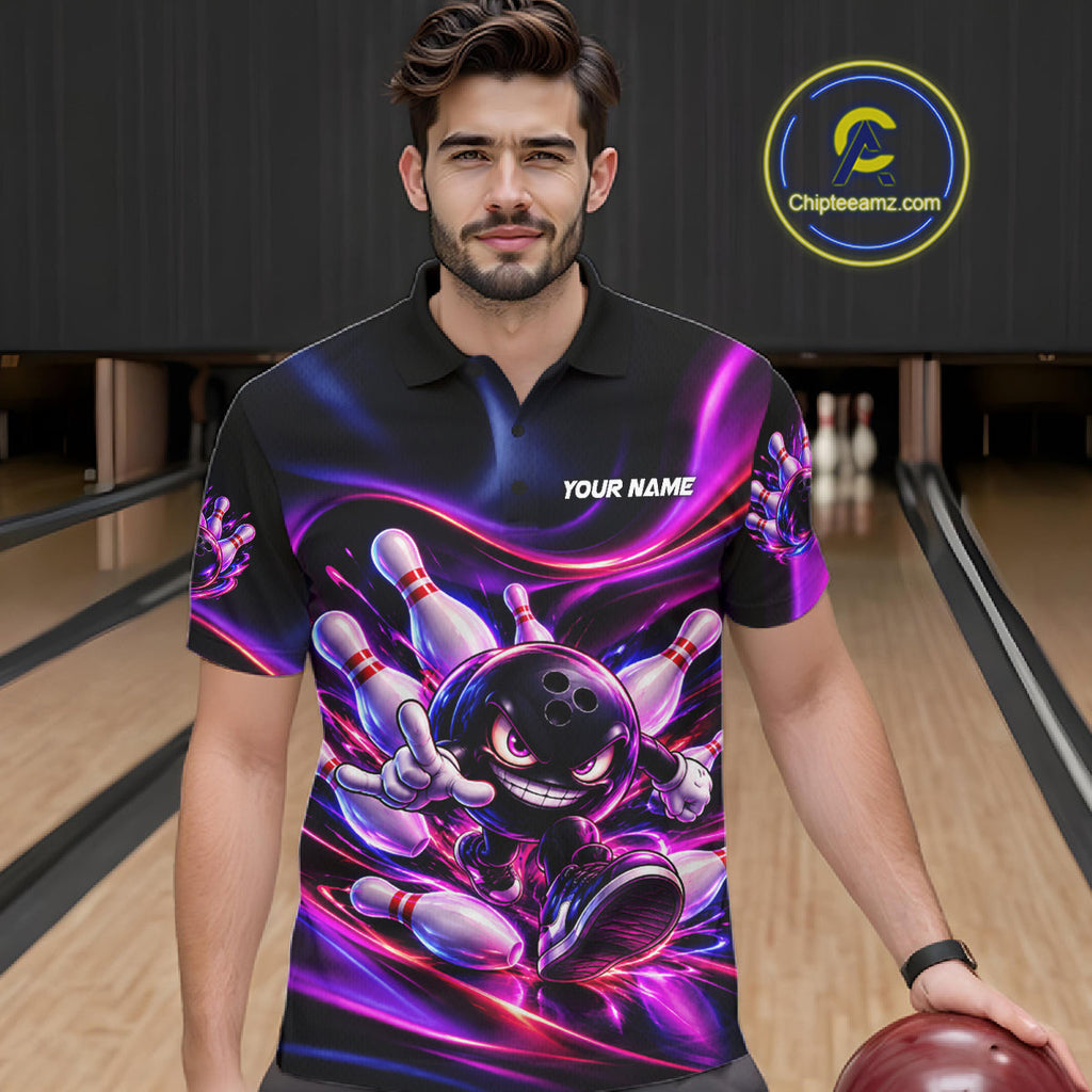 Custom Funny Bowling Shirts Neon Bowling Team Jersey Polo Quarter Zip Bowling League