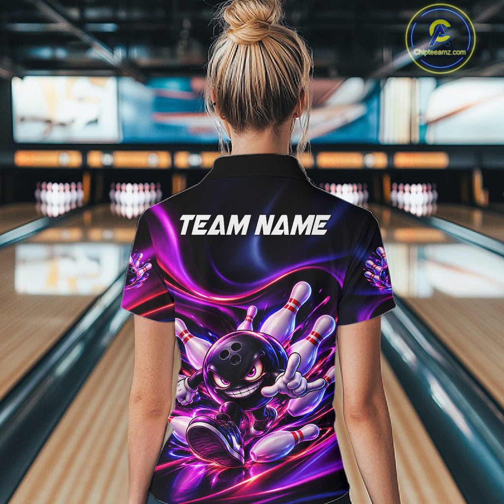Custom Funny Bowling Shirts Neon Bowling Team Jersey Polo Quarter Zip Bowling League