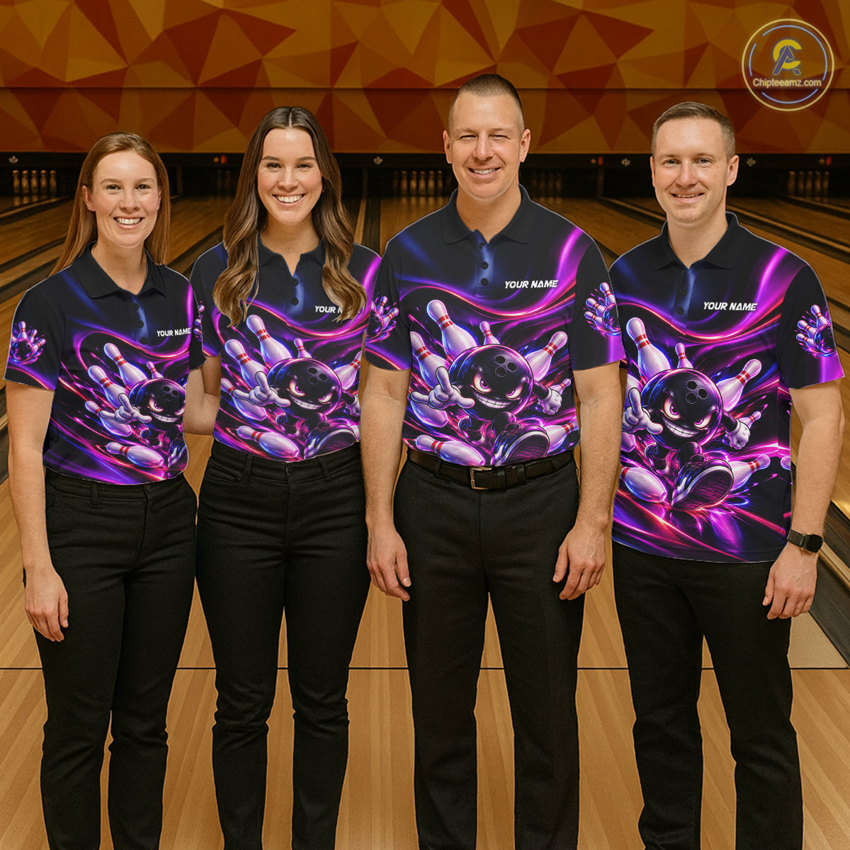 Custom Funny Bowling Shirts Neon Bowling Team Jersey Polo Quarter Zip Bowling League
