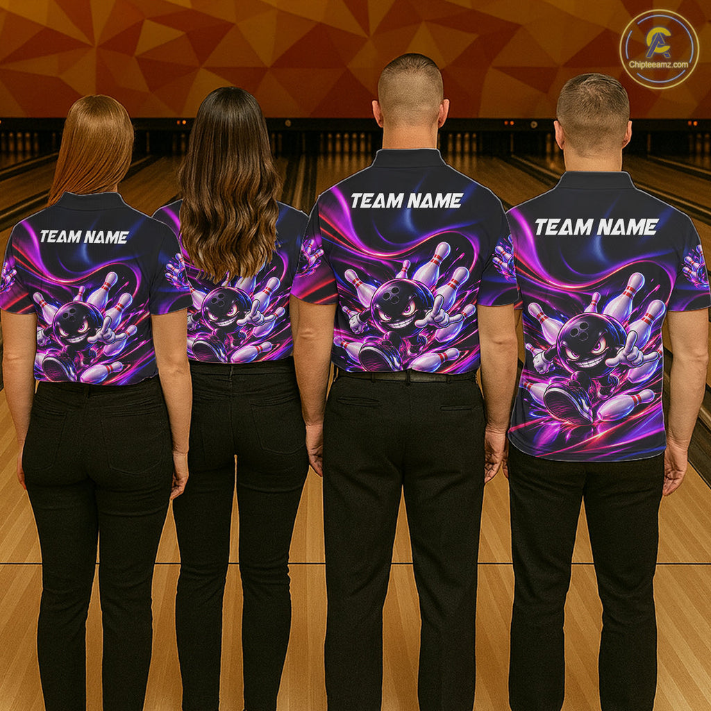 Custom Funny Bowling Shirts Neon Bowling Team Jersey Polo Quarter Zip Bowling League