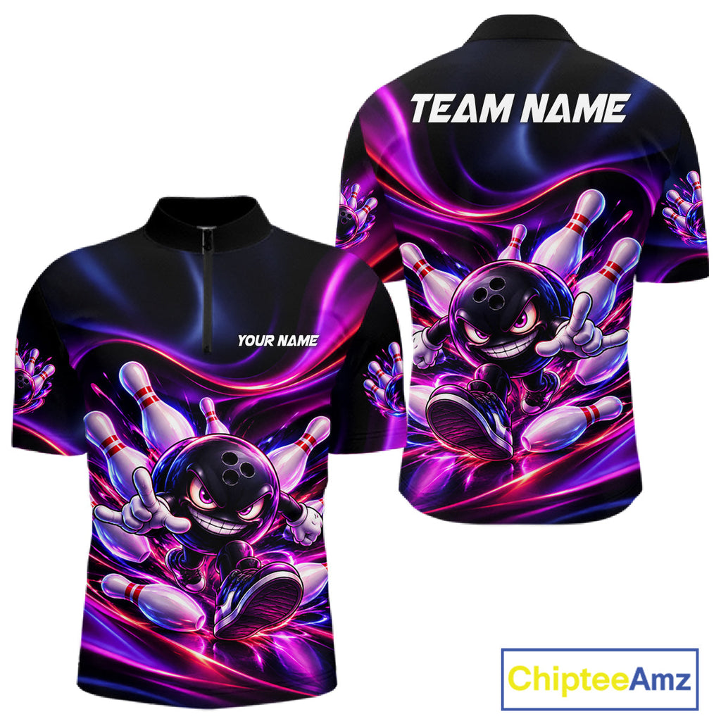 Custom Funny Bowling Shirts Neon Bowling Team Jersey Polo Quarter Zip Bowling League