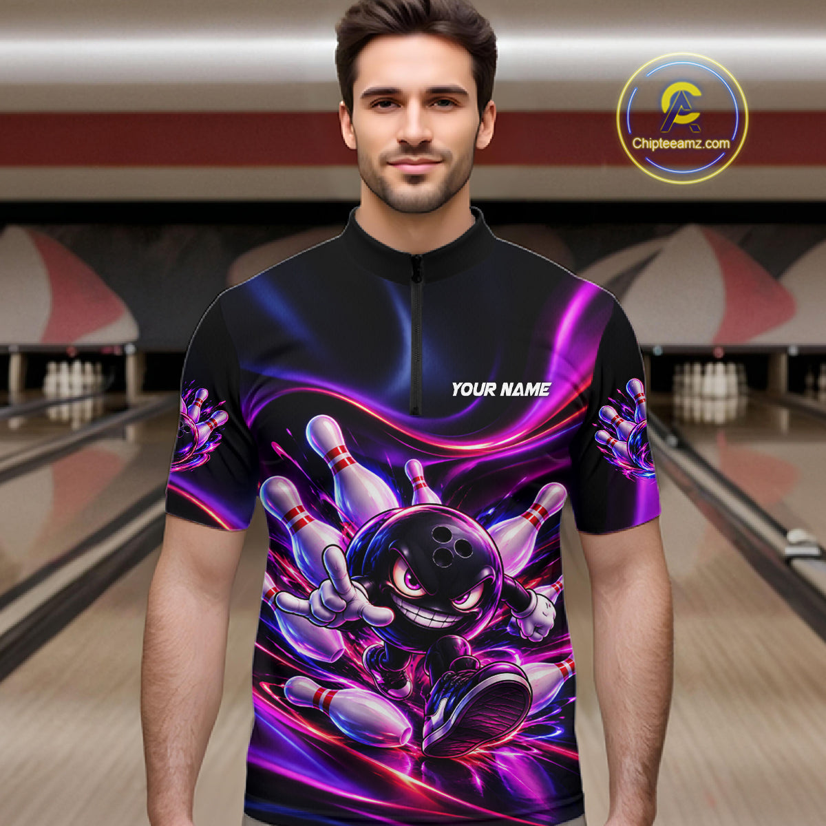 Custom Funny Bowling Shirts Neon Bowling Team Jersey Polo Quarter Zip Bowling League