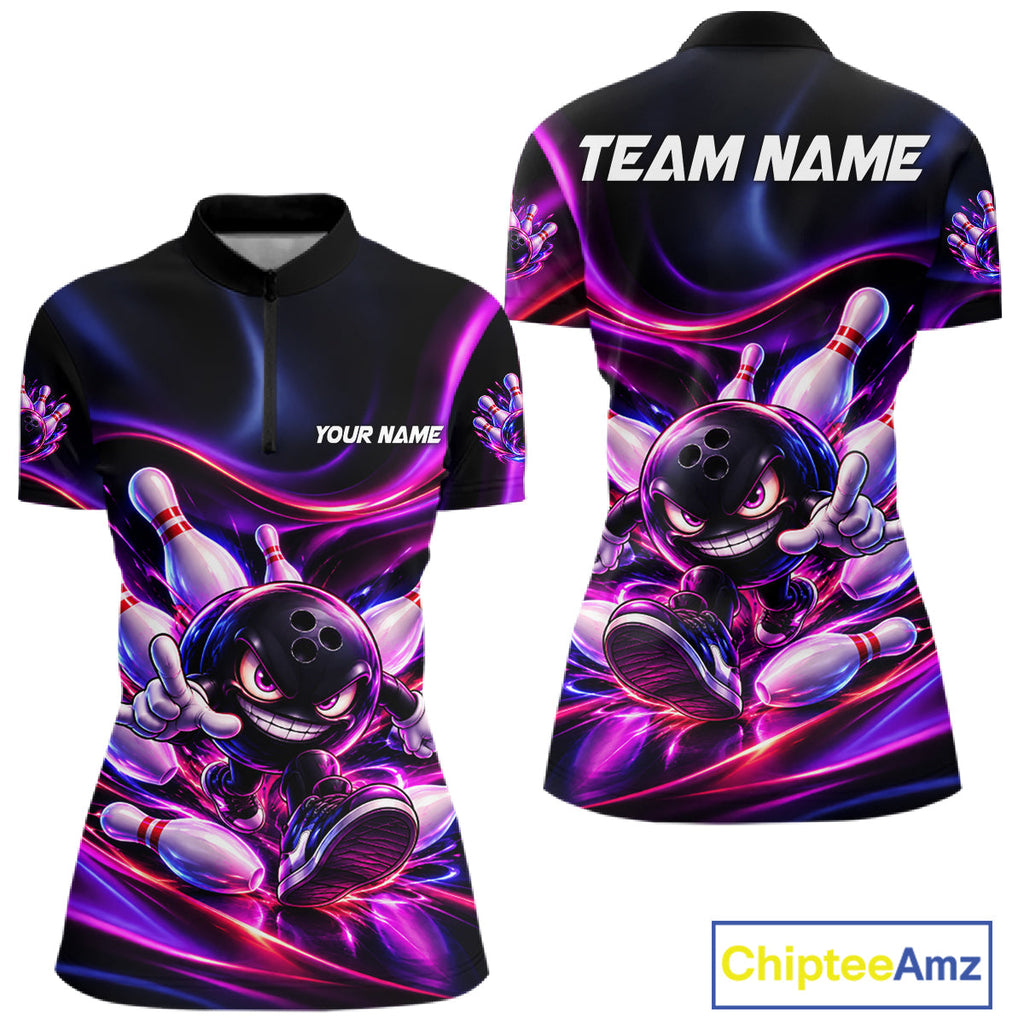 Custom Funny Bowling Shirts Neon Bowling Team Jersey Polo Quarter Zip Bowling League