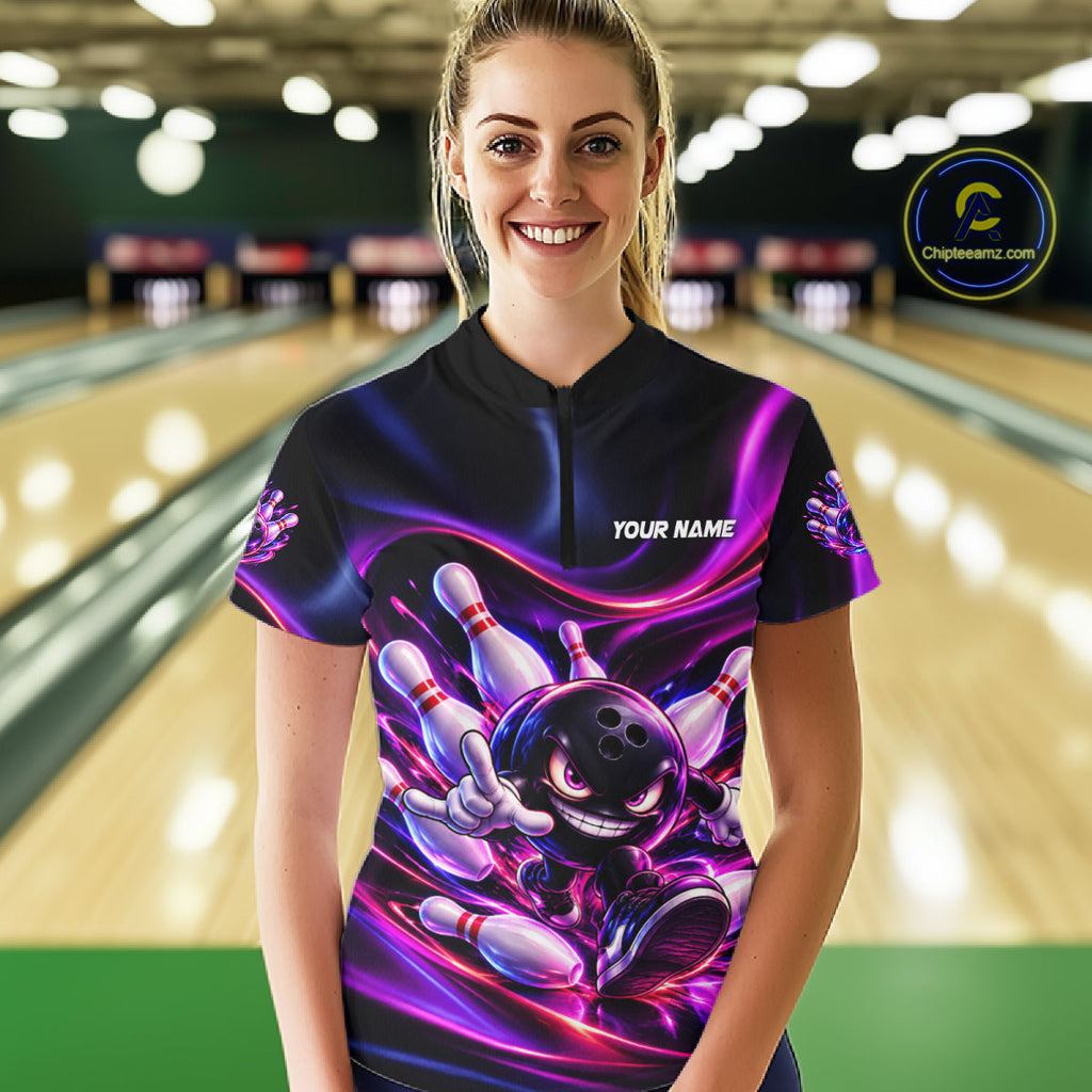 Custom Funny Bowling Shirts Neon Bowling Team Jersey Polo Quarter Zip Bowling League