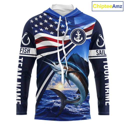 American Flag Sailfish Fishing Long Sleeve Hooded Saltwater Fishing Shirts, Custom Sailfish Fishing Jerseys