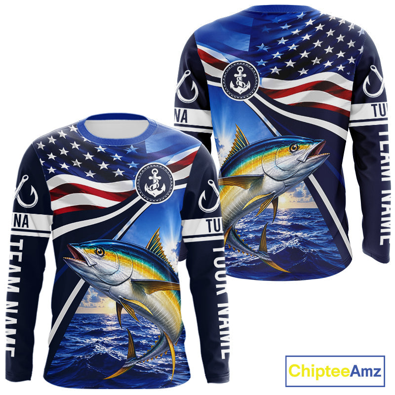 American Flag Yellowfin Tuna Fishing Long Sleeve Saltwater Fishing Shirts, Custom Tuna Fishing Jerseys