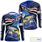 American Flag Yellowfin Tuna Fishing Long Sleeve Saltwater Fishing Shirts, Custom Tuna Fishing Jerseys