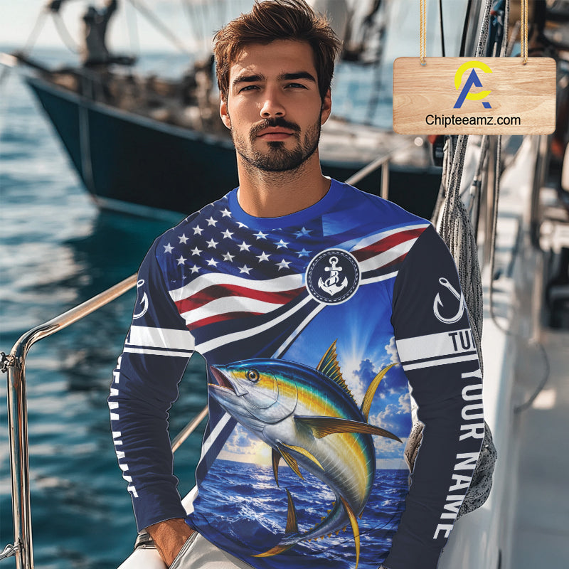 American Flag Yellowfin Tuna Fishing Long Sleeve Saltwater Fishing Shirts, Custom Tuna Fishing Jerseys
