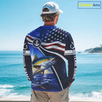 American Flag Yellowfin Tuna Fishing Long Sleeve Saltwater Fishing Shirts, Custom Tuna Fishing Jerseys