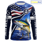 American Flag Yellowfin Tuna Fishing Long Sleeve Saltwater Fishing Shirts, Custom Tuna Fishing Jerseys