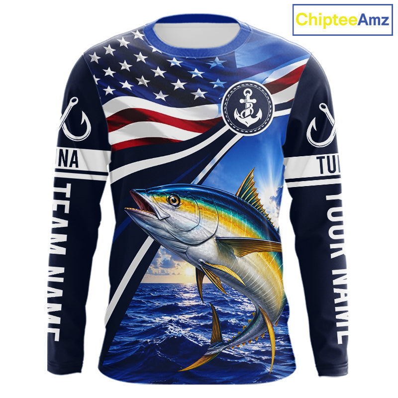 American Flag Yellowfin Tuna Fishing Long Sleeve Saltwater Fishing Shirts, Custom Tuna Fishing Jerseys