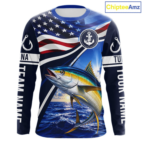 American Flag Yellowfin Tuna Fishing Long Sleeve Saltwater Fishing Shirts, Custom Tuna Fishing Jerseys