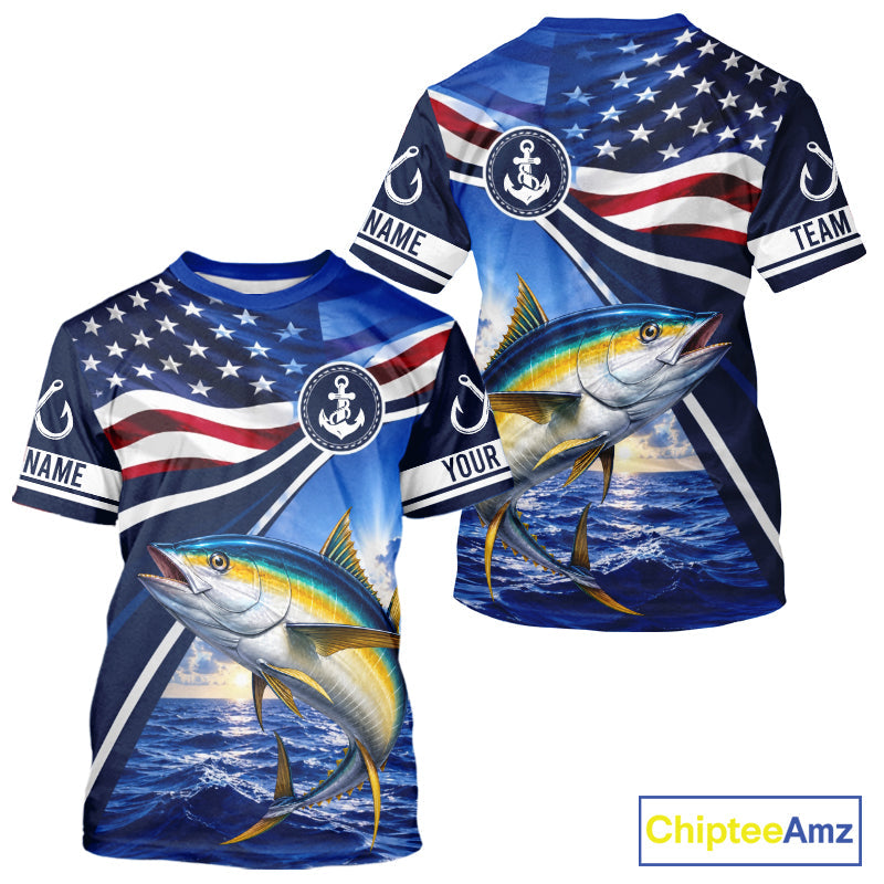 American Flag Yellowfin Tuna Fishing Saltwater Fishing T-Shirts, Custom Tuna Fishing Jerseys