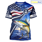 American Flag Yellowfin Tuna Fishing Saltwater Fishing T-Shirts, Custom Tuna Fishing Jerseys