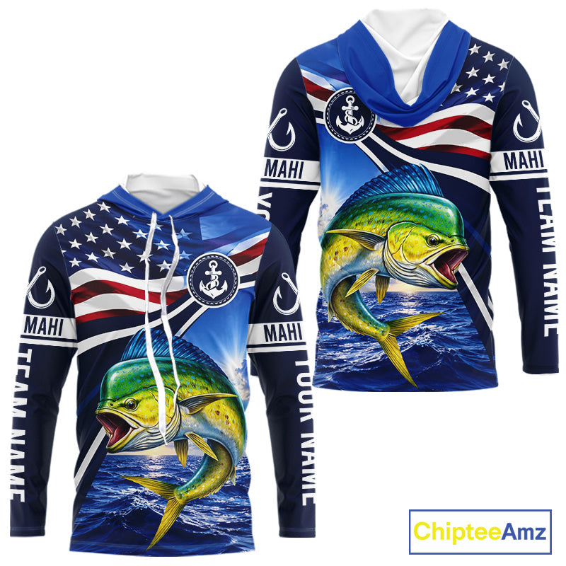 American Flag Mahi Mahi Fishing Long Sleeve Hooded Saltwater Fishing Shirts, Custom Mahi Mahi Fishing Jerseys