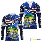 American Flag Mahi Mahi Fishing Long Sleeve Hooded Saltwater Fishing Shirts, Custom Mahi Mahi Fishing Jerseys